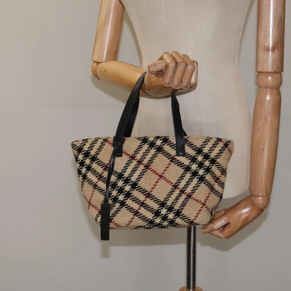 BURBERRY Hand Bag Wool Beige Gold Auth - Picture 1 of 16